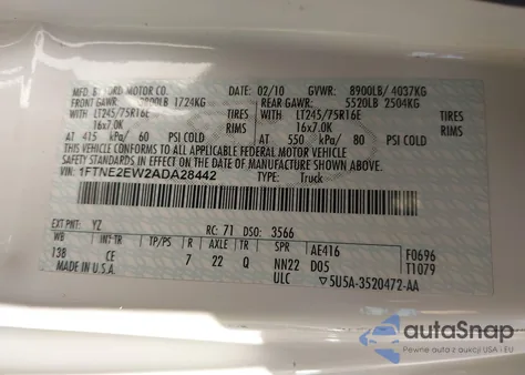 2010 Ford E-250 Commercial/Recreational z USA, uszkodzony, nr VIN 1FTNE2EW2ADA28442